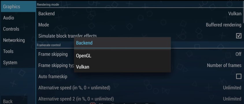 OpenGL and Vulkan Options from the menu